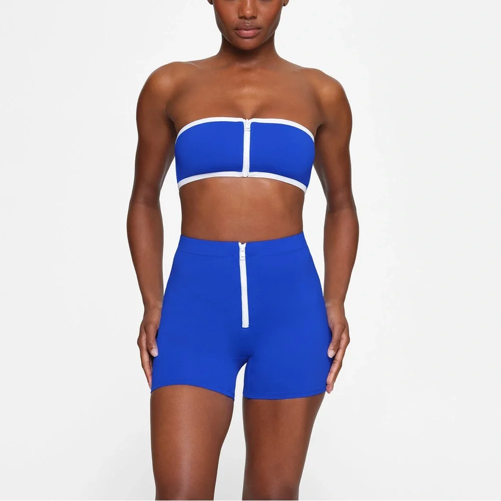 💙SKIMS SWIM SPORTY ZIP UP MID WAIST  BIKINI SHORTS COBALT XXS 3X